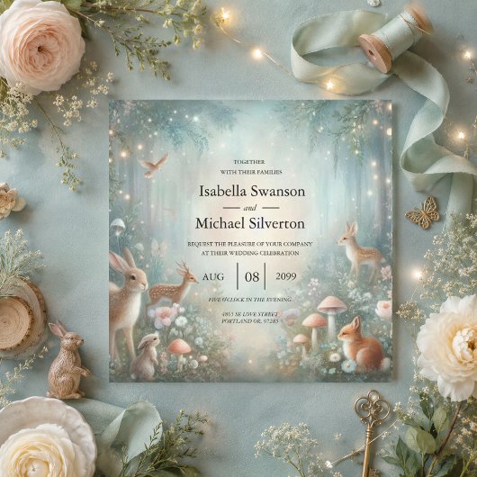 Invitation Mariage dans une forêt enchantée de sarcelle et de