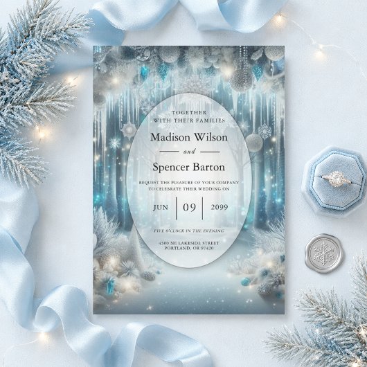 Invitation Mariage dans une forêt enneigée étincelante
