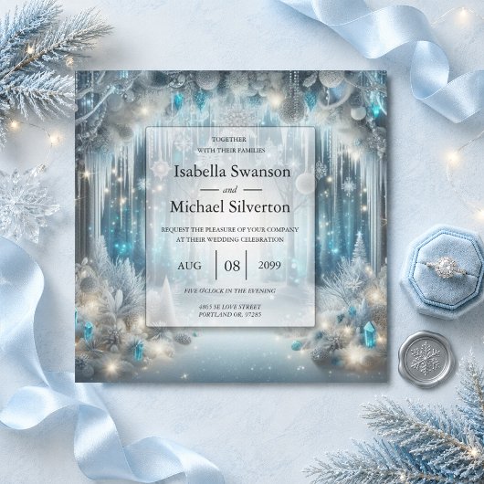 Invitation Mariage dans une forêt enneigée scintillante