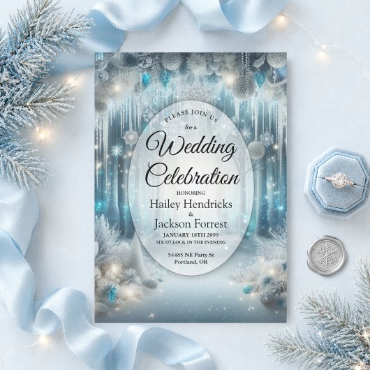 Invitation Mariage dans une forêt enneigée scintillante