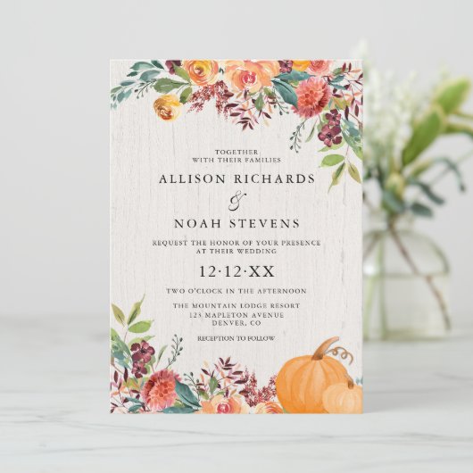 Invitation Mariage d'aquarelle à fleurs et citrouille (Debout devant)