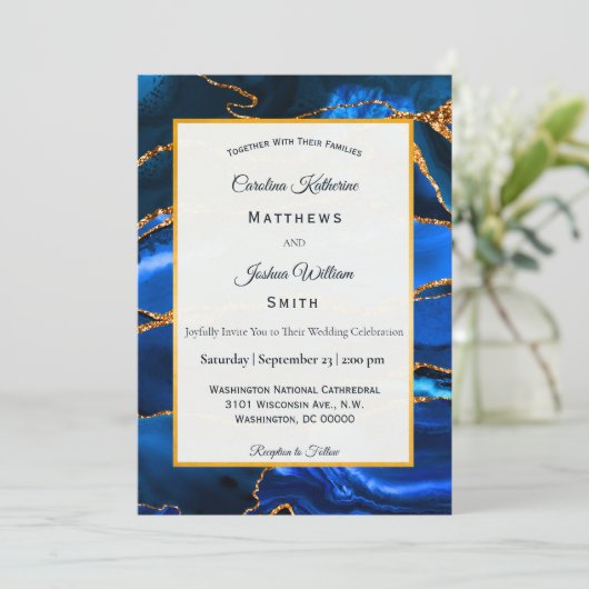 Invitation Mariage d'aquarelle Abstrait Blue Agate (Debout devant)