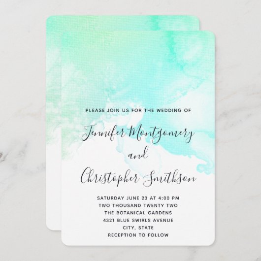 Invitation Mariage d'aquarelle Abstrait vert et bleu (Devant / Derrière)