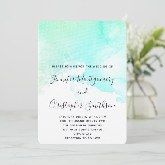 Invitation Mariage d'aquarelle Abstrait vert et bleu (Debout devant)