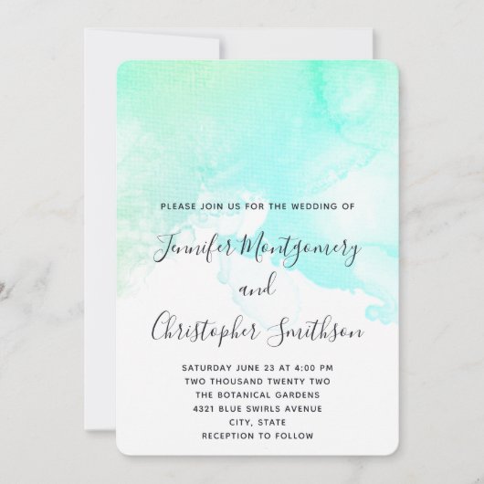 Invitation Mariage d'aquarelle Abstrait vert et bleu (Devant)