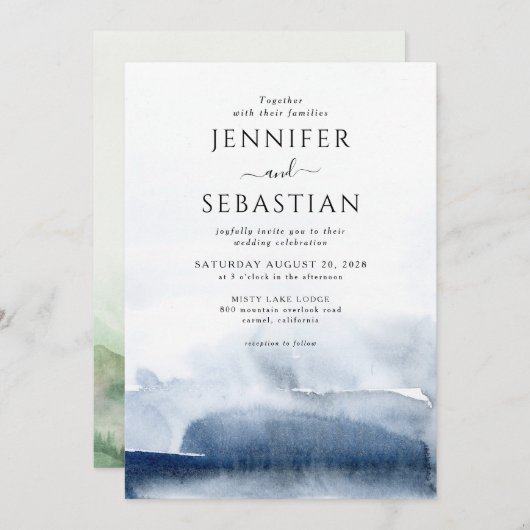 Invitation Mariage d'aquarelle Abstraite bleu Ethereal (Devant / Derrière)