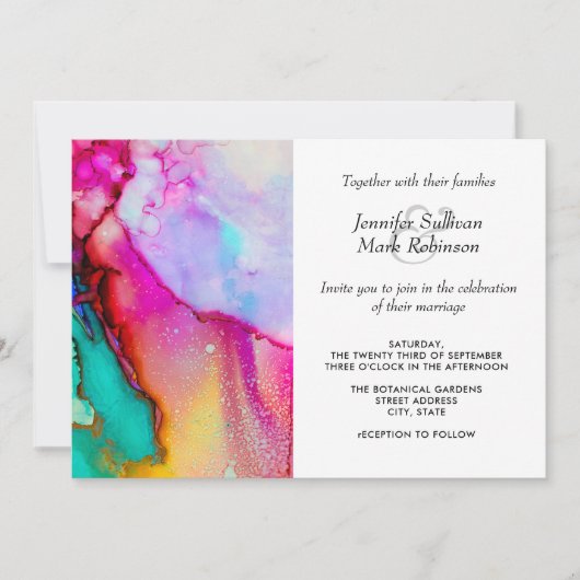 Invitation Mariage d'aquarelle Abstraite rose et turquoise (Devant)
