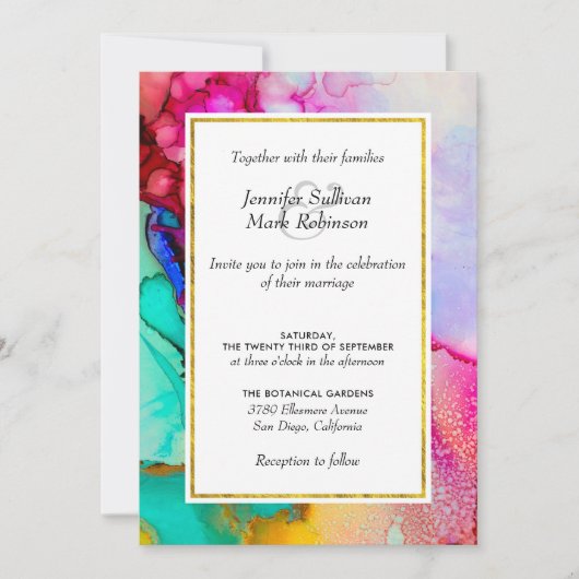Invitation Mariage d'aquarelle Abstraite rose et turquoise (Devant)