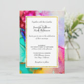 Invitation Mariage d'aquarelle Abstraite rose et turquoise (Debout devant)