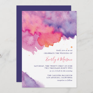 Invitation Mariage d'aquarelle Abstraite rose et violet corai
