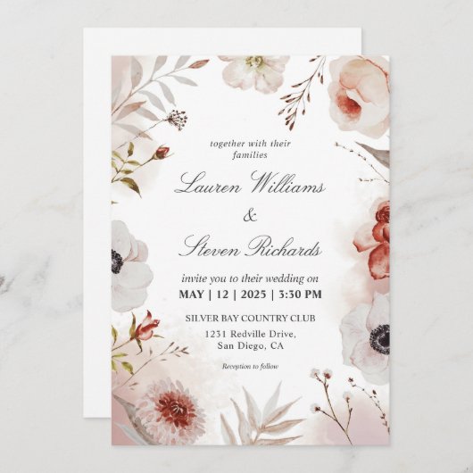 Invitation Mariage d'aquarelle automatique rose blanc personn (Devant / Derrière)