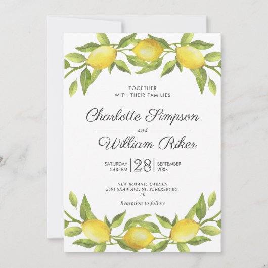 Invitation Mariage d'aquarelle aux citrons fleuris (Devant)