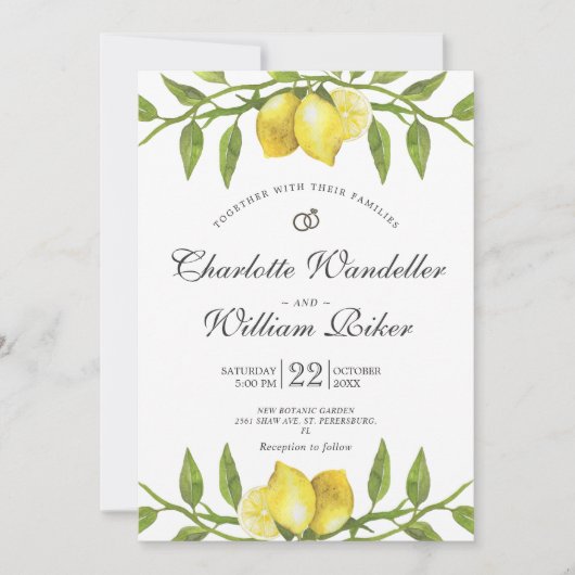 Invitation Mariage d'aquarelle aux citrons fleuris (Devant)