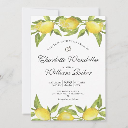 Invitation Mariage d'aquarelle aux citrons fleuris (Devant)
