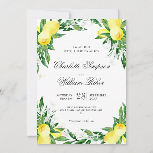 Invitation Mariage d'aquarelle aux citrons fleuris (Devant)