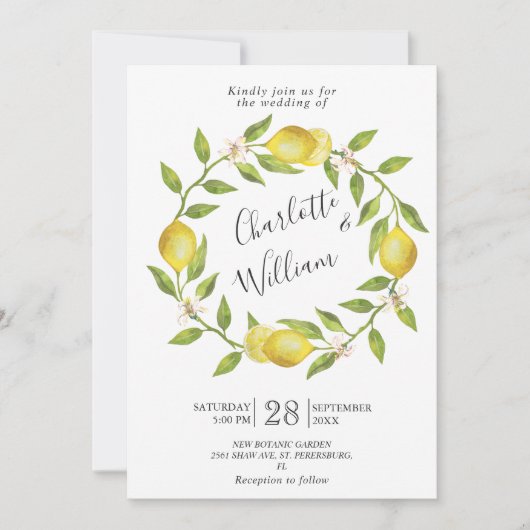Invitation Mariage d'aquarelle aux citrons fleuris (Devant)