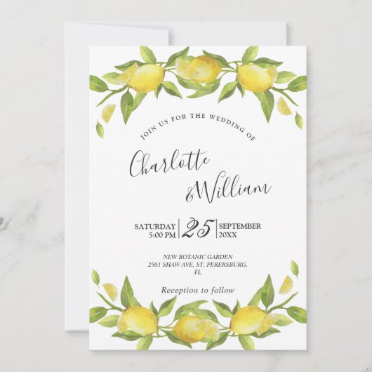 Invitation Mariage d'aquarelle aux citrons fleuris (Devant)