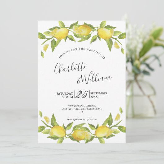 Invitation Mariage d'aquarelle aux citrons fleuris (Debout devant)