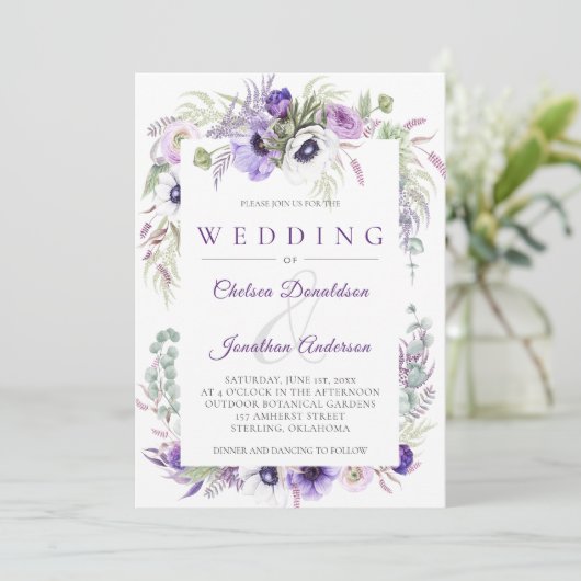 Invitation Mariage d'aquarelle blanc de lavande violet (Debout devant)