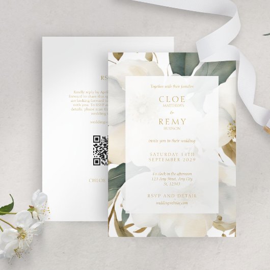 Invitation Mariage d'aquarelle blanc & or Floral Folial