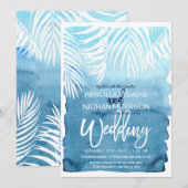 Invitation Mariage d'aquarelle bleu à armature de palmiers bl (Devant / Derrière)