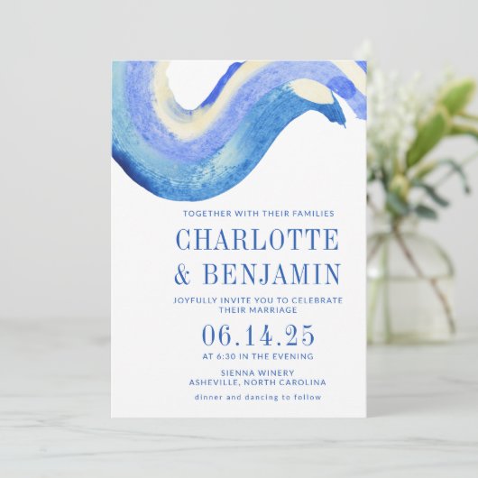 Invitation Mariage d'aquarelle bleu Art Abstrait contemporain (Debout devant)