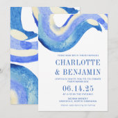 Invitation Mariage d'aquarelle bleu Art Abstrait contemporain (Devant / Derrière)