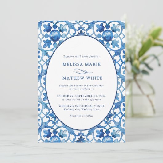 Invitation Mariage d'aquarelle bleu blanc moderne (Debout devant)
