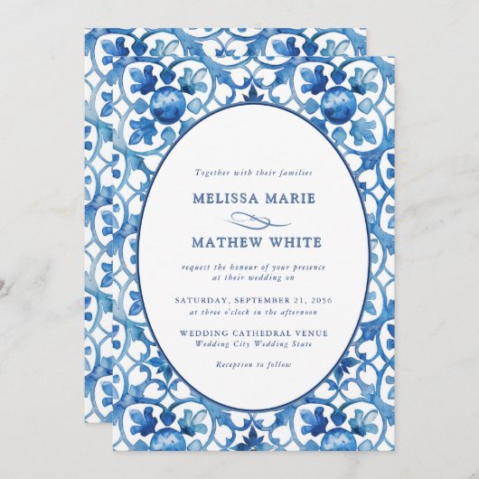 Invitation Mariage d'aquarelle bleu blanc moderne (Devant / Derrière)