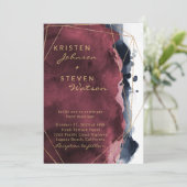 Invitation Mariage d'aquarelle bleu Bourgogne et marine (Debout devant)