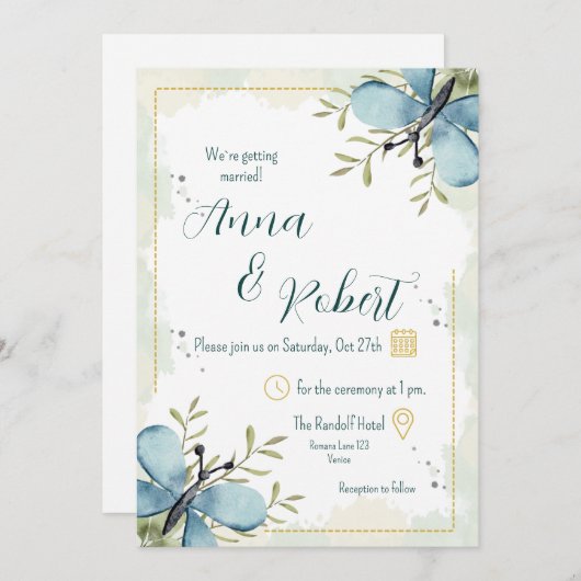 Invitation Mariage d'aquarelle Bleu clair (Devant / Derrière)