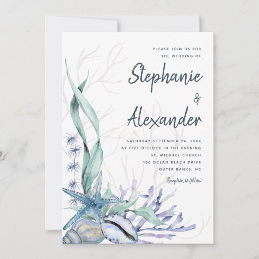 Invitation Mariage d'aquarelle bleu de plage moderne (Devant)