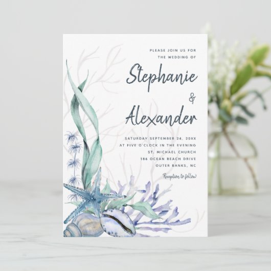 Invitation Mariage d'aquarelle bleu de plage moderne (Debout devant)