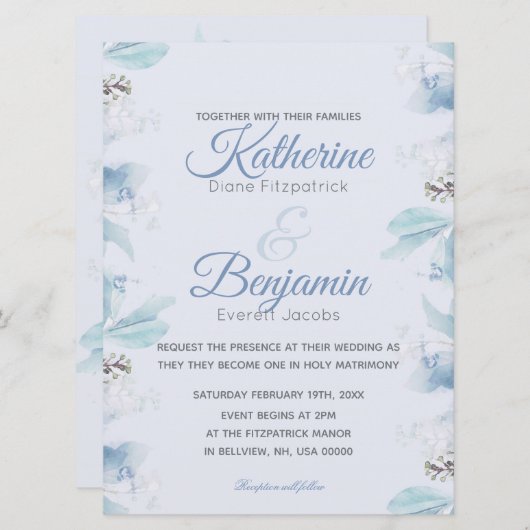 Invitation Mariage d'aquarelle bleu-duché (Devant / Derrière)