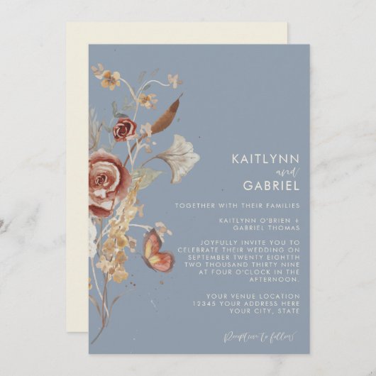 Invitation Mariage d'aquarelle bleu-dusty Fleur sauvage (Devant / Derrière)