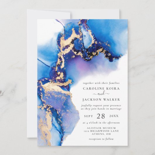 Invitation Mariage d'aquarelle bleu et or (Devant)