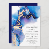 Invitation Mariage d'aquarelle bleu et or (Devant / Derrière)