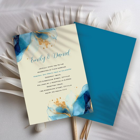 Invitation Mariage d'aquarelle bleu et or Abstrait