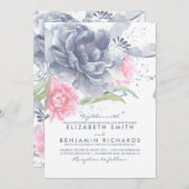 Invitation Mariage d'aquarelle bleu et rose (Devant / Derrière)