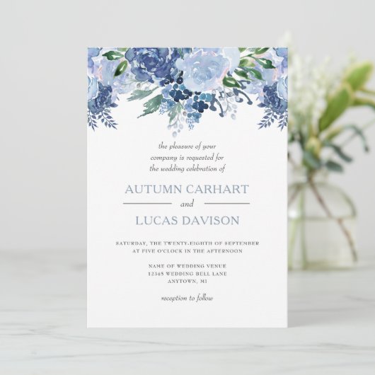 Invitation Mariage d'aquarelle bleu foncé (Debout devant)