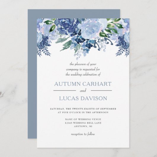 Invitation Mariage d'aquarelle bleu foncé (Devant / Derrière)
