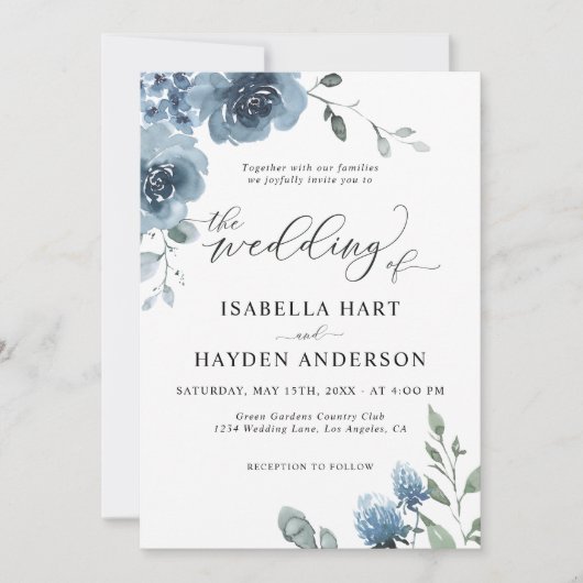 Invitation Mariage d'aquarelle bleu foncé (Devant)