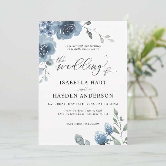 Invitation Mariage d'aquarelle bleu foncé (Debout devant)