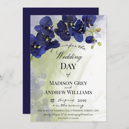 Invitation Mariage d'aquarelle bleu foncé orchidée (Devant / Derrière)