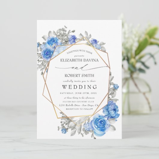 Invitation Mariage d'aquarelle bleu marine (Debout devant)