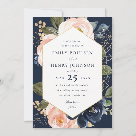 Invitation Mariage d'aquarelle bleu marine et bleu (Devant)