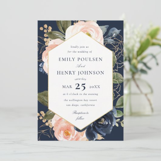 Invitation Mariage d'aquarelle bleu marine et bleu (Debout devant)