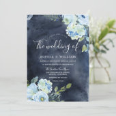 Invitation Mariage d'aquarelle bleu marine et ciel (Debout devant)