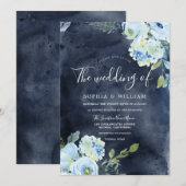 Invitation Mariage d'aquarelle bleu marine et ciel (Devant / Derrière)