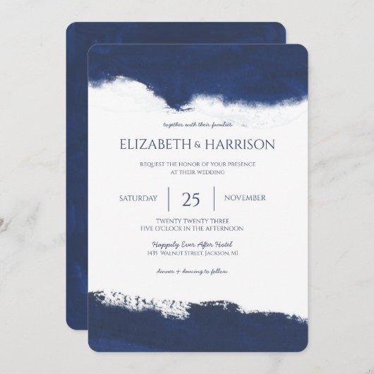 Invitation Mariage d'aquarelle bleu marine simple (Devant / Derrière)